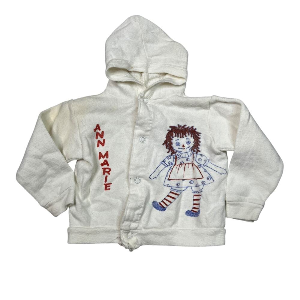 Vintage 80s Raggedy Ann Doll Sweatshirt Snap Front Hoodie FLAW White Baby 18M